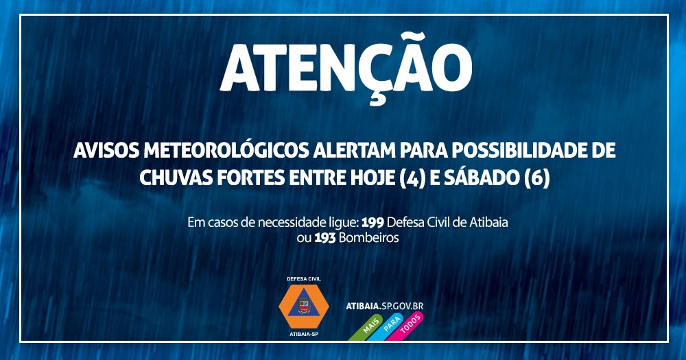 Defesa Civil de Atibaia divulga alerta de chuva forte nos próximos dias