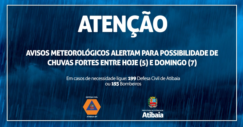 Defesa Civil de Atibaia alerta para risco de chuvas fortes nos próximos dias